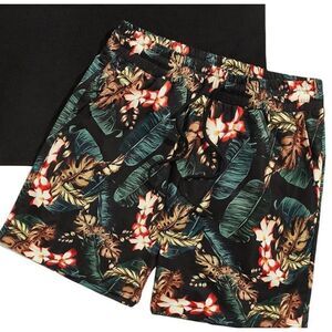 NEW Mens Black Floral Print Elastic Waist Shorts 2X